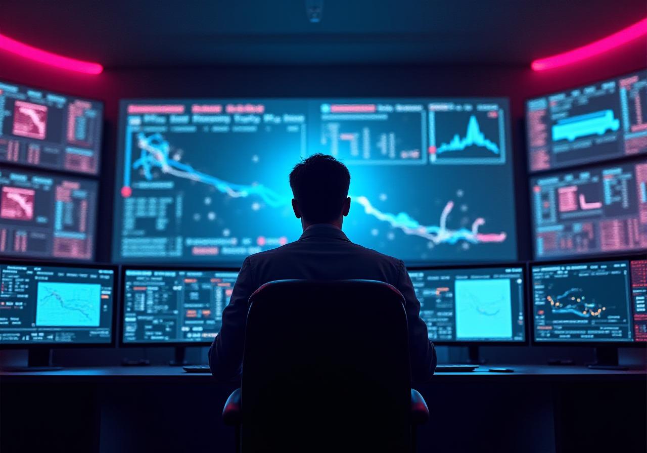 Modern logistics dispatch center with multiple monitoring screens