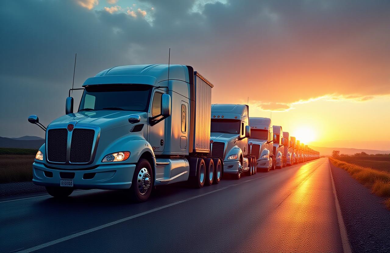Modern fleet of ADIL CONSOLIDATED SHIPPING, MOVING & STORAGE LLC freight trucks on the highway during sunset