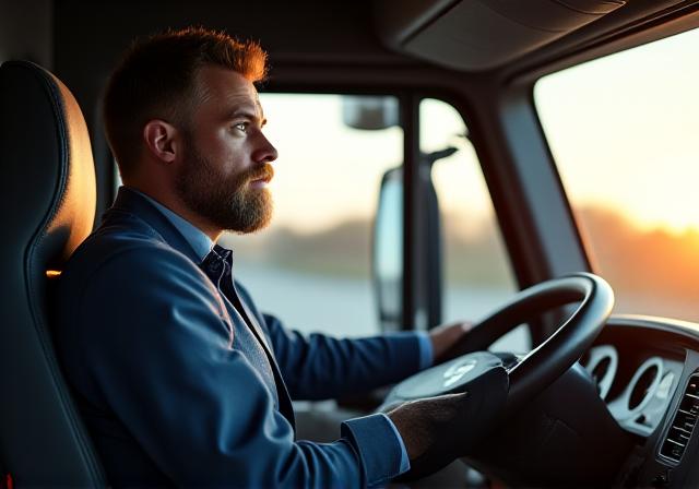 Professional driver in modern truck cabin